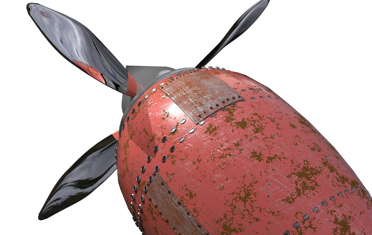 propeller, turbine, rotor, aircraft engine, engine, drive, aviation, metal, wing, rust, old, weathered, repair, mending, rivet, mend, rendered, red, 3d model