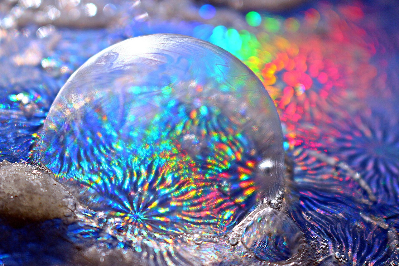 rainbow, ice bubble, soap bubble, frozen bubble, frozen, snow, ice crystals, nature, freeze, bubble, multicoloured, rainbow colors, to dye