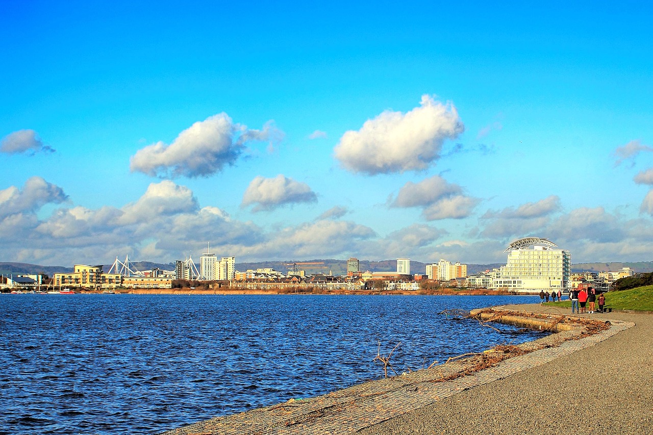 acqua, mare, cielo, viaggio, panoramico, cardiff, baia di cardiff, sbarramento, città, millennium stadium, luce del sole, scena, leggero, oceano, architettura, paesaggio, panorama, blu, estate, turismo, scenico, natura, soleggiato, all'aperto, nuvola, colorato, europa, cielo blu, punto di riferimento