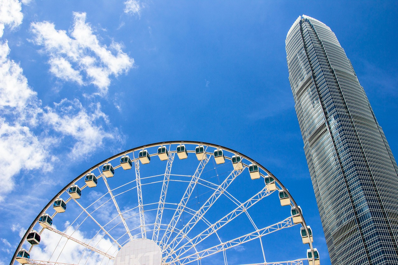 himmel, architektur, stadt, reise, hongkong, riesenrad, wolkenkratzen