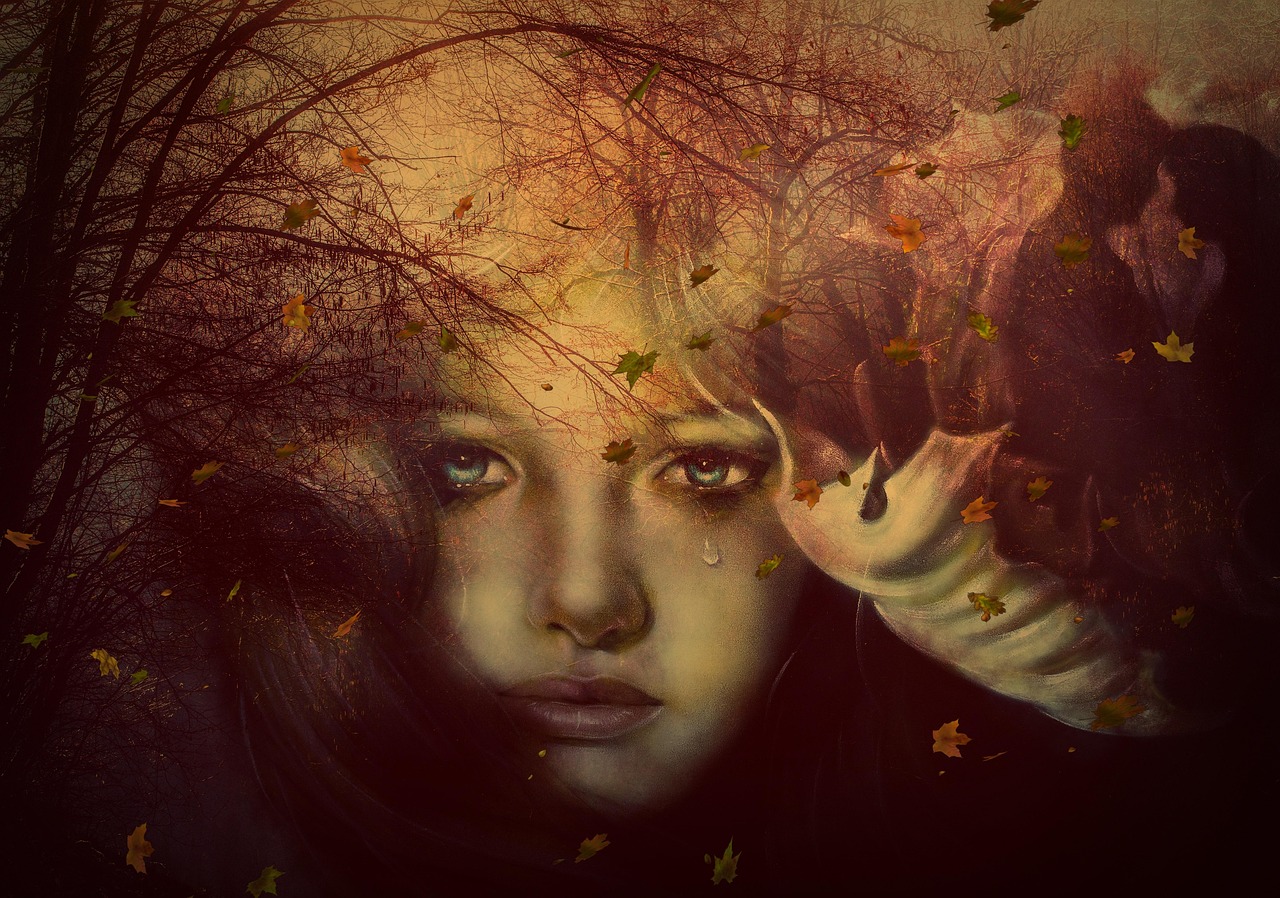 larmes, chagrin, femme, visage, triste, fille, brun, déchirer, feuilles, automne, arbres, nature, fille triste, surréaliste, artistique, yeux bleus