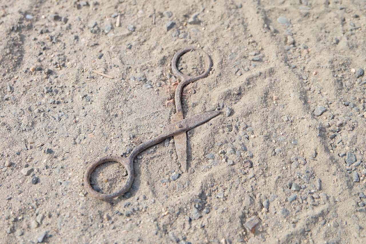 rust, scissors, sand, rusty scissors, abandoned thing, corrosion