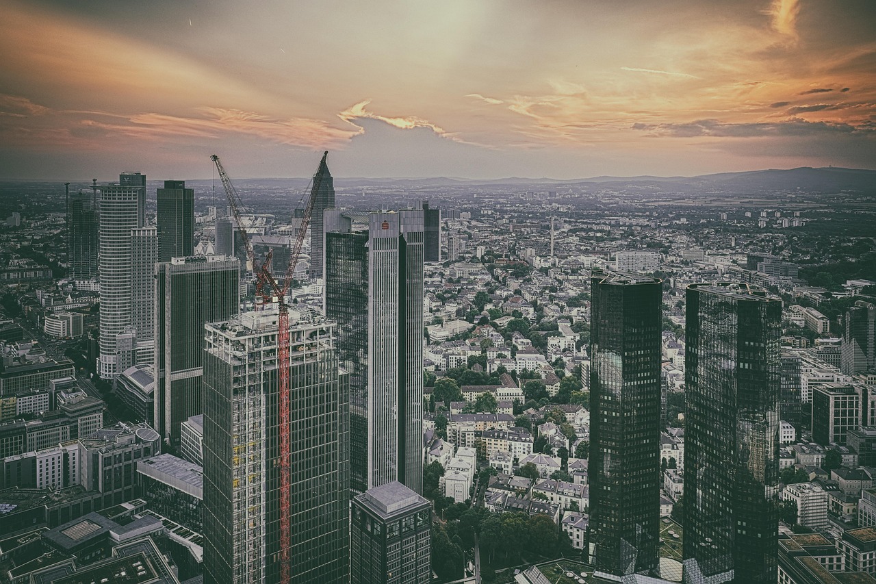skyline, stadt, stadtbild, wolkenkratzer, abenddämmerung, dämmerung, urban, frankfurt, deutschland