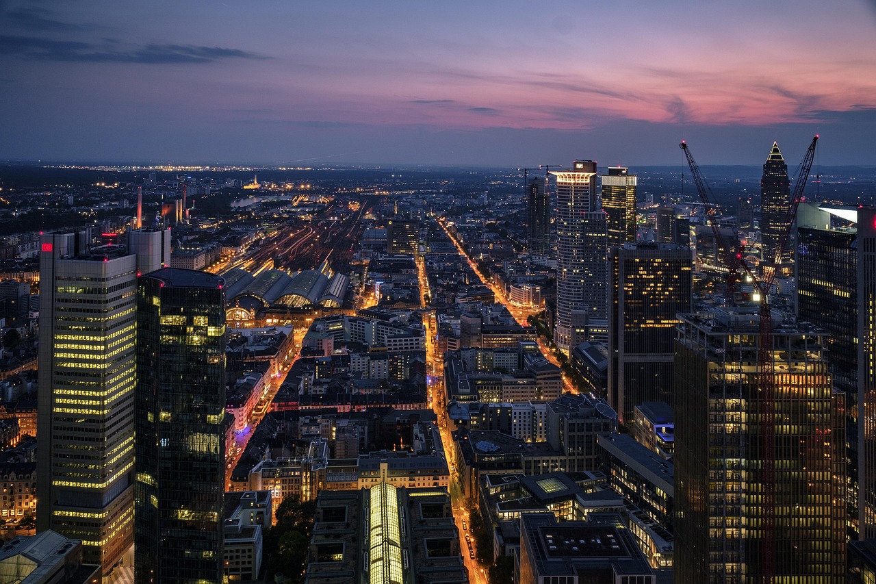 skyline, straßen, stadt, stadtbild, wolkenkratzer, hochhäuser, abenddämmerung, dämmerung, nacht, lichter, frankfurt, deutschland, frankfurt, frankfurt, frankfurt, frankfurt, frankfurt
