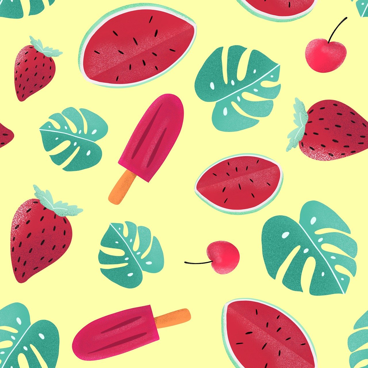 pastèque, feuilles, cerise, contexte, modèle, texture, conception, fond d'écran, scrapbooking, décoratif, décoration, nature, scrapbooking numérique
