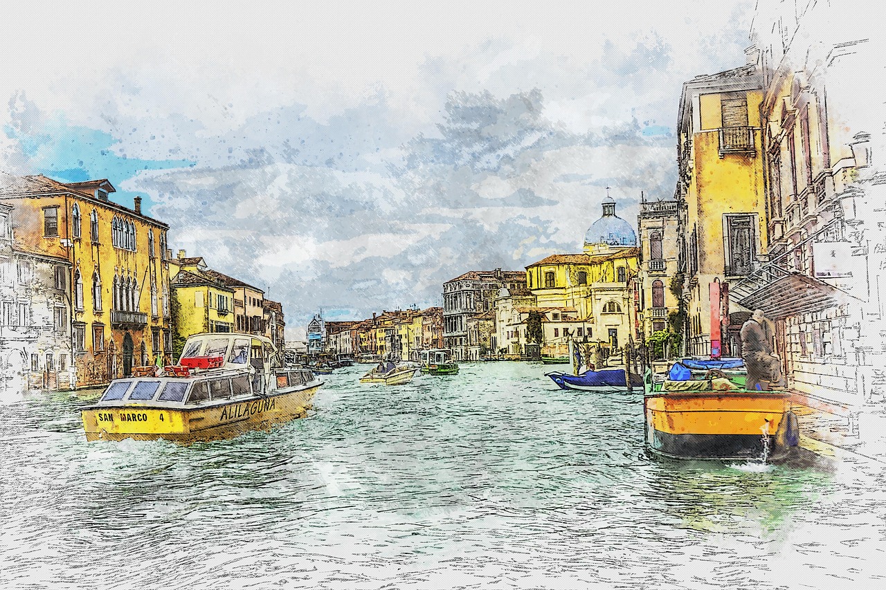 venedig, italien, gondol, byggnader, stad, arkitektur, natur, resa, vatten, venetia, kanal, europa, båtar, turism, landmärke, pittoreska, attraktion, medeltida, arv, historisk, gammal, digital manipulation, färgade skiss, fotokonst