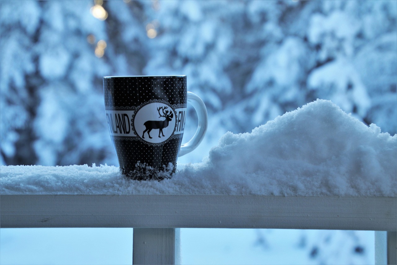 snow, winter, drink, in the morning, cup, balcony, tea, coffee cup, coffee, the cup, fresh, heat, mulled wine, hot, dish, frost, morning, porcelain, the cold season, tea cup, blue, finland, snowy, nature, cold