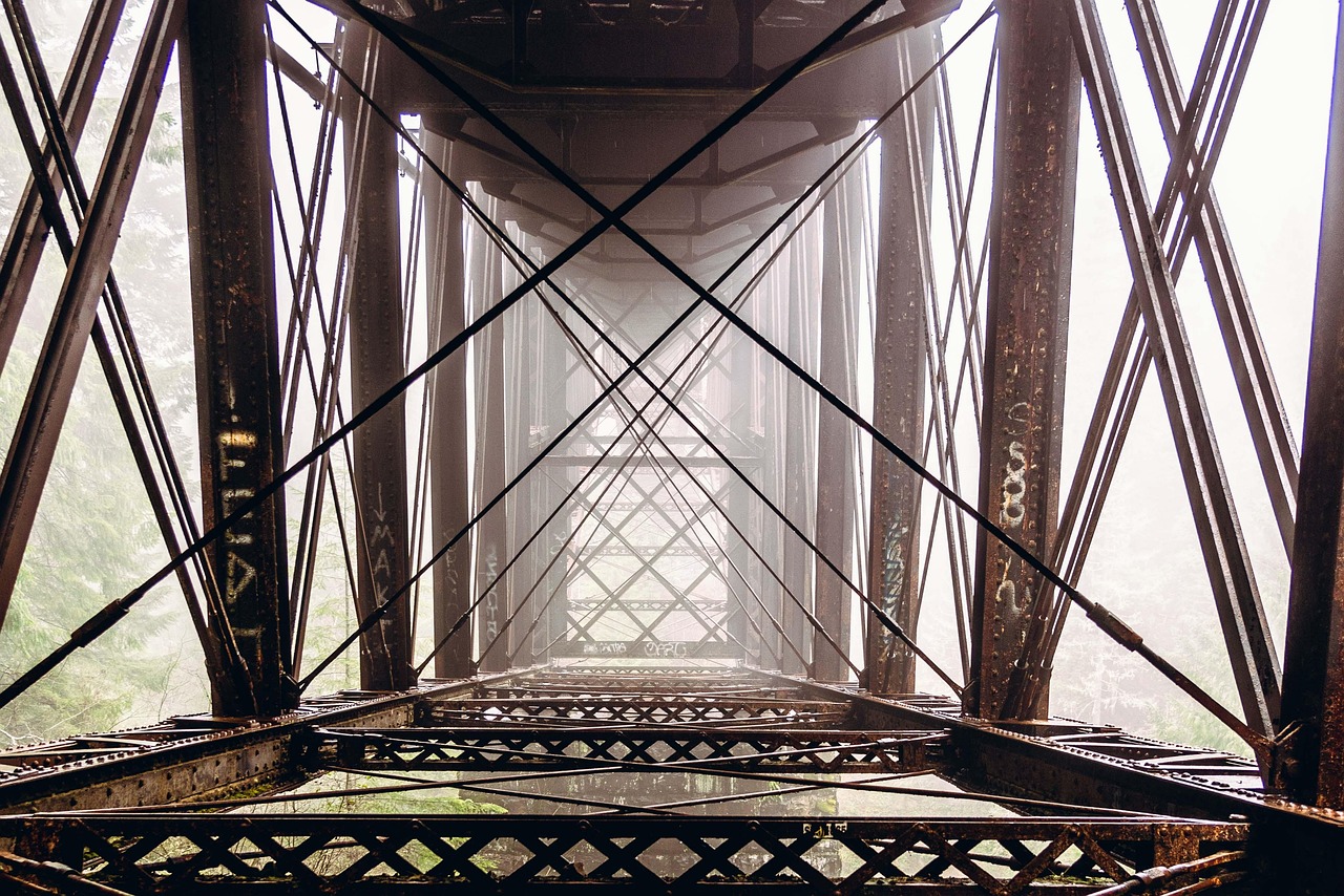 metal, bridge, architecture, steel, construction, old, industrial, under the bridge, haze, under tracks