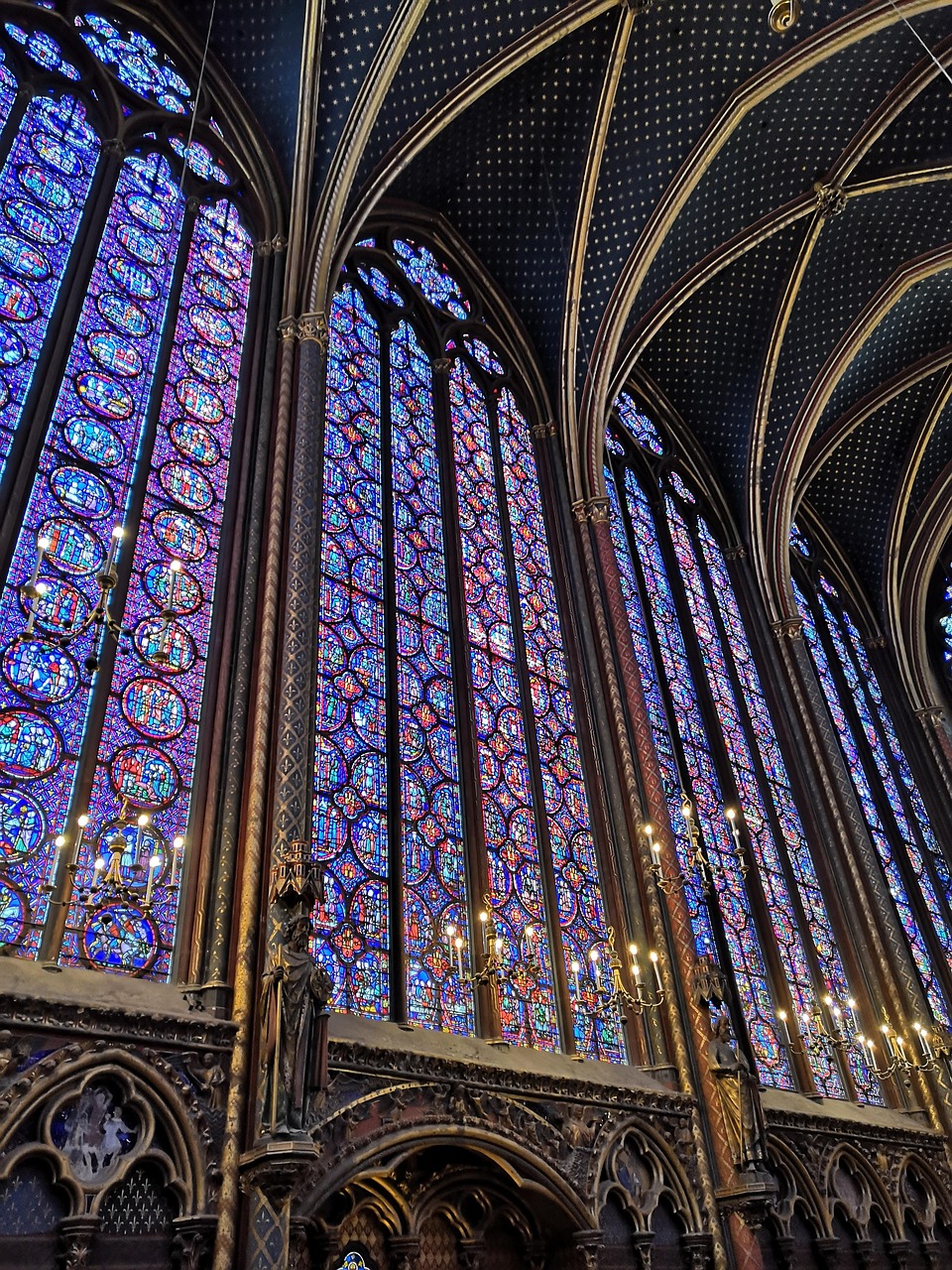 paris, france, sainte-chapelle, stained glass windows, colors, colored, arches, architecture, church, cathedral, chapel, religiosity, time, column, statue, rosette, arc, nave, glass, lumen, light, brightness, vacation, tourism