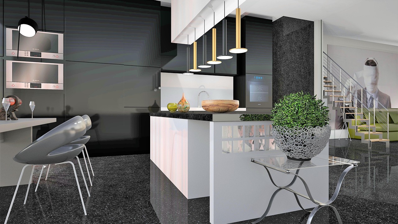 mramor, židle, kuchyň, moderní, osvětlení, schodiště, současný, luxusní, ostrov, design, nábytek, místnost, byt, bílá, výzdoba, interiér, jasný, architektura, dekorace, křeslo