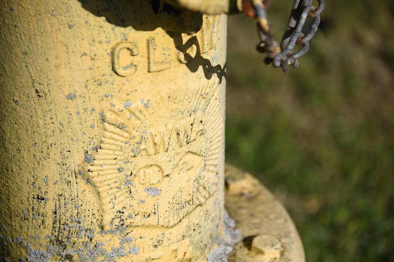 hydrant, gelb, metall, rostig, alt