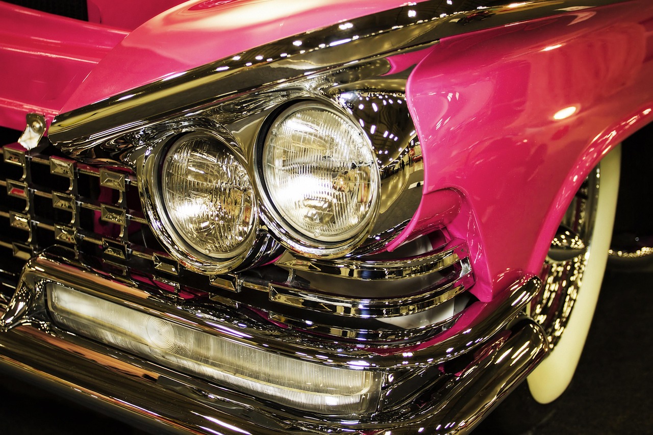 color, 1959 buick, grill, bumper, headlights, fins, chrome, pink, black, red, tire, automobile, vehicle