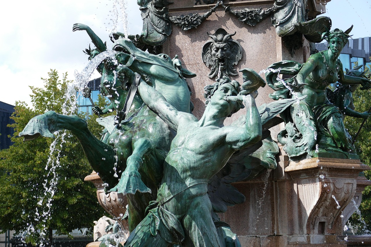 leipzig, saxony, architecture, nature, city, city square, augustus square, downtown, fountain, mende fountain, man, horse, water, sculpture, figure
