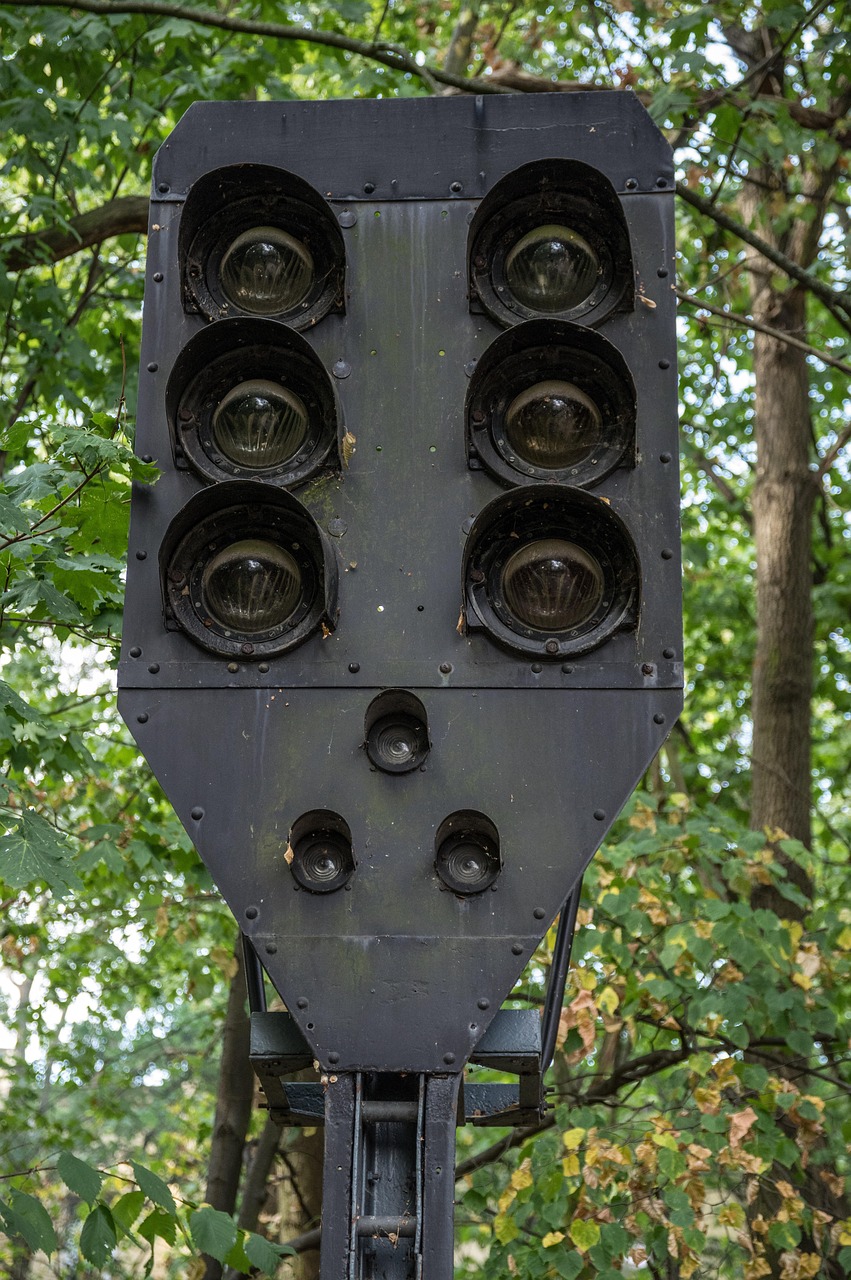 signal system, railroad, transport, traffic, signal lamps, old, metal, stole