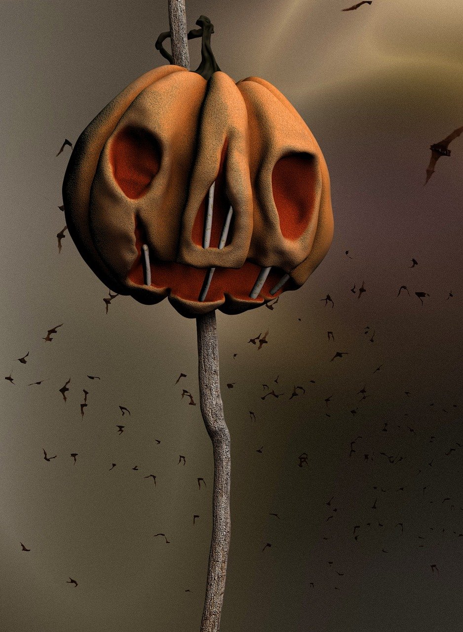 хелоуин, jack-o'-lantern, тиква, 3d, празник, прилеп, мъртвите, death, фантазия, surrealism, ghost, critter, head, pole, cult, fear, mysterious, небе, alien, облаци, space, glow, нощ, тъмен, darkness