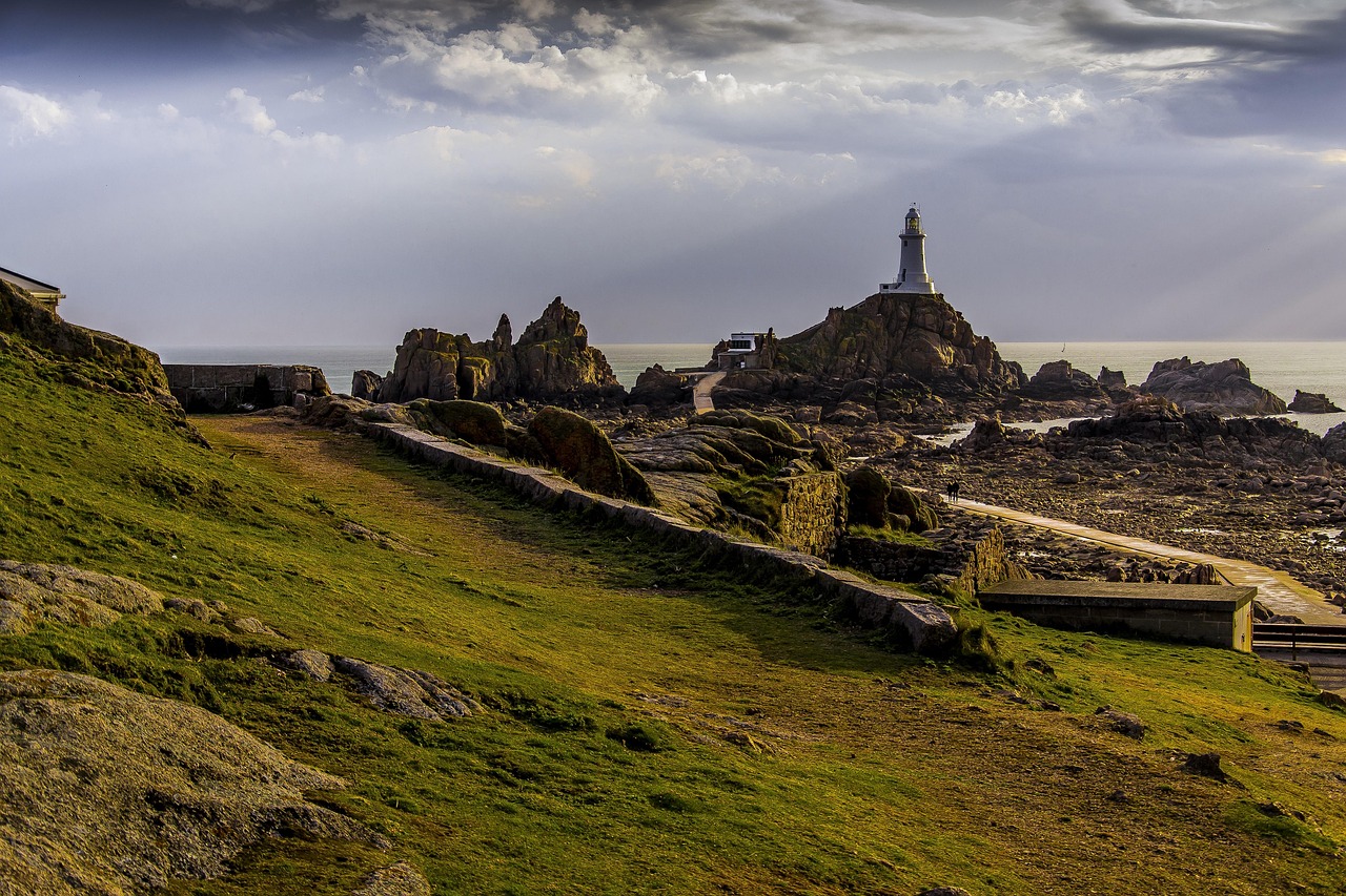 jersey, vuurtoren, toneel, kust, baai, eiland, landschap, steen, architectuur, mijlpaal, reizen