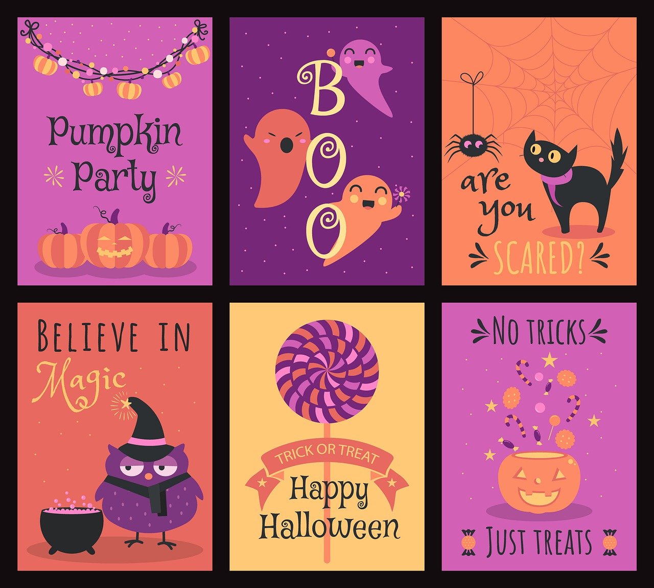 halloween, cute, pet, cartoon, card, pumpkin, garland, party, ghost, boo, spider, cat, scary, owl, poison, animal, magic, trick, treat, template, holiday, collection, halloween background, autumn, background, banner, concept, greeting