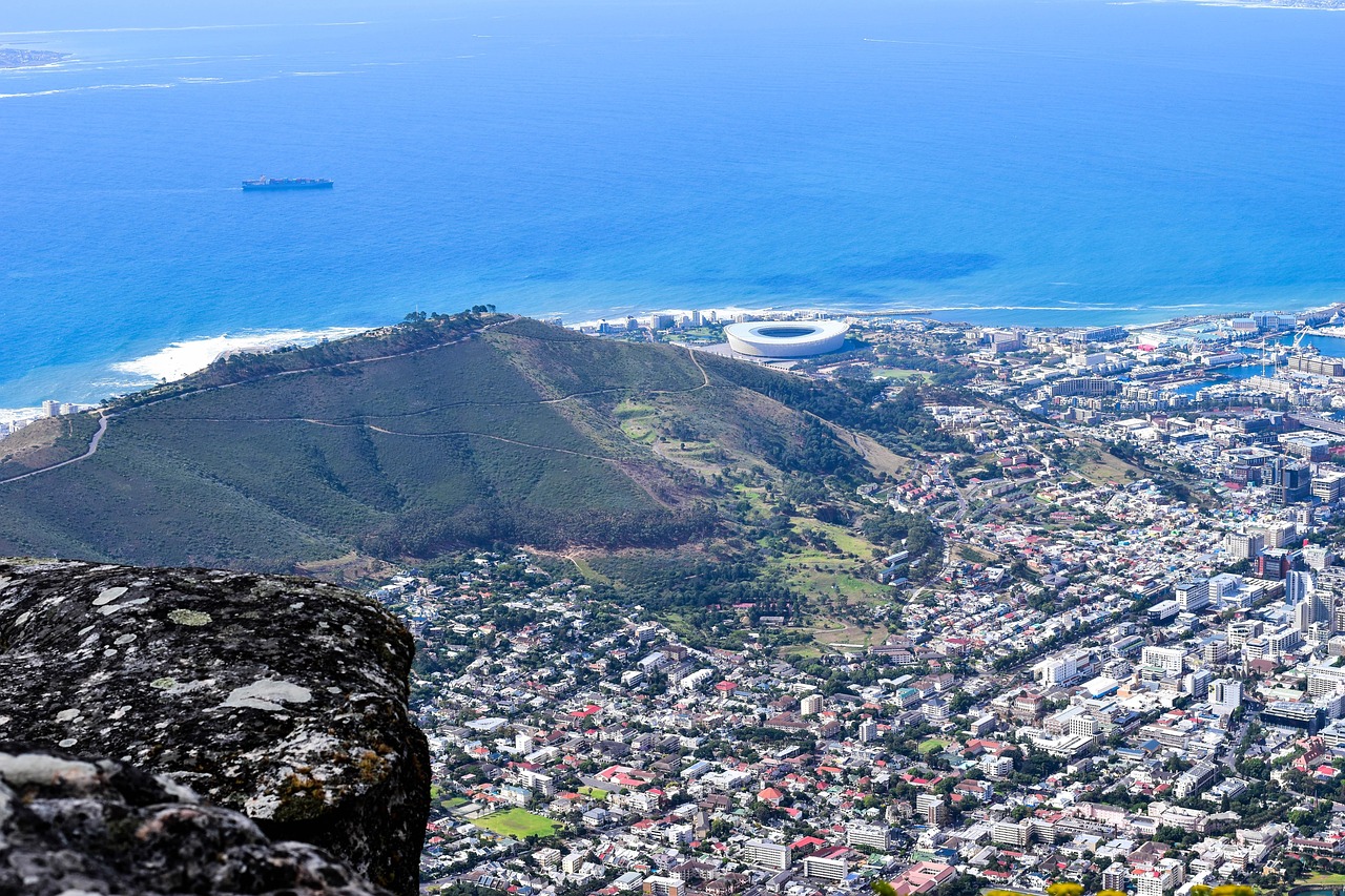 aeree da table mountain, sud africa, città del capo, scenico, montagna, natura, musica rock, montagne, strada, paesaggio, green point stadium, oceano, città, tavolo blu