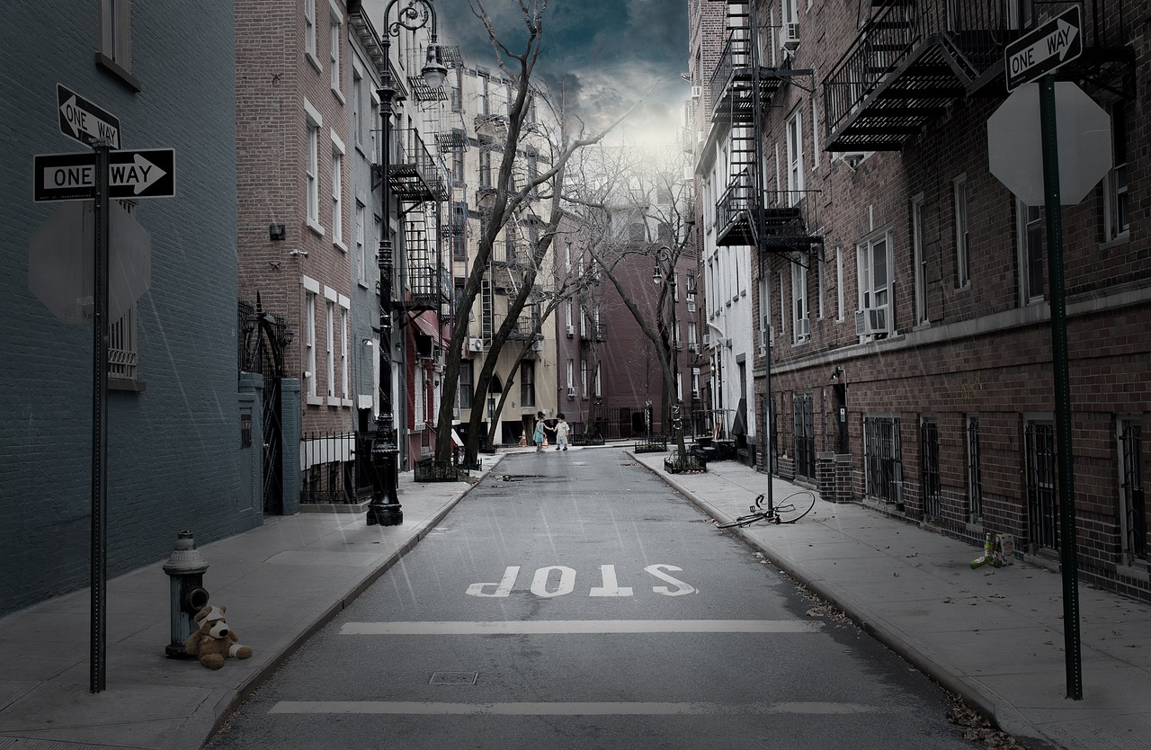 road, one way, rain, street, street sign, traffic signs, traffic sign, signs, dead end, stop, sign, traffic, one way street, stop sign, warning sign, nature, information boards