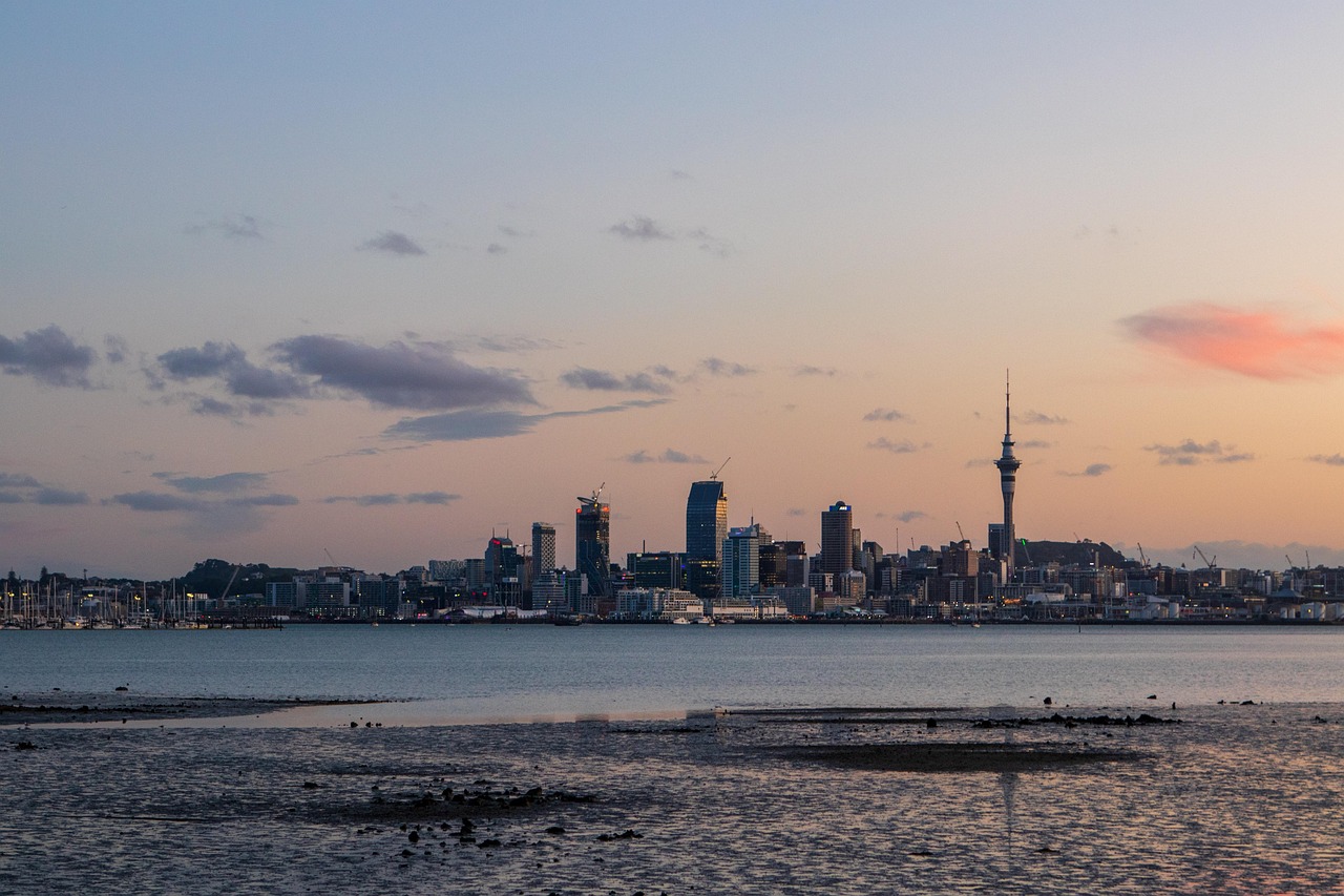 auckland, horisont, solnedgång, nya zeeland, natur, stad, torn, hamn, arkitektur, skyskrapor, hav, urban, metropol, stadens centrum, byggnader, landmärke