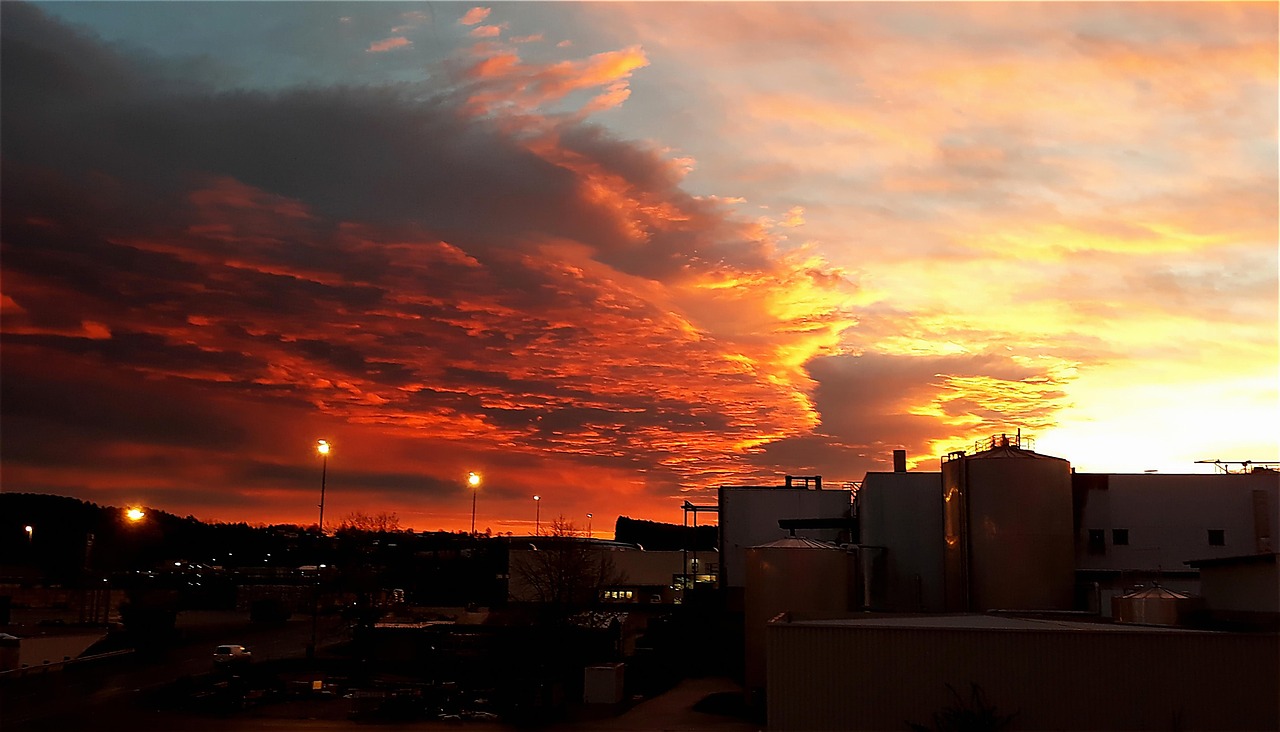 sonnenaufgang, natur, fabrik, wolken, himmel, industrie, gebäude, morgenrot, morgenhimmel