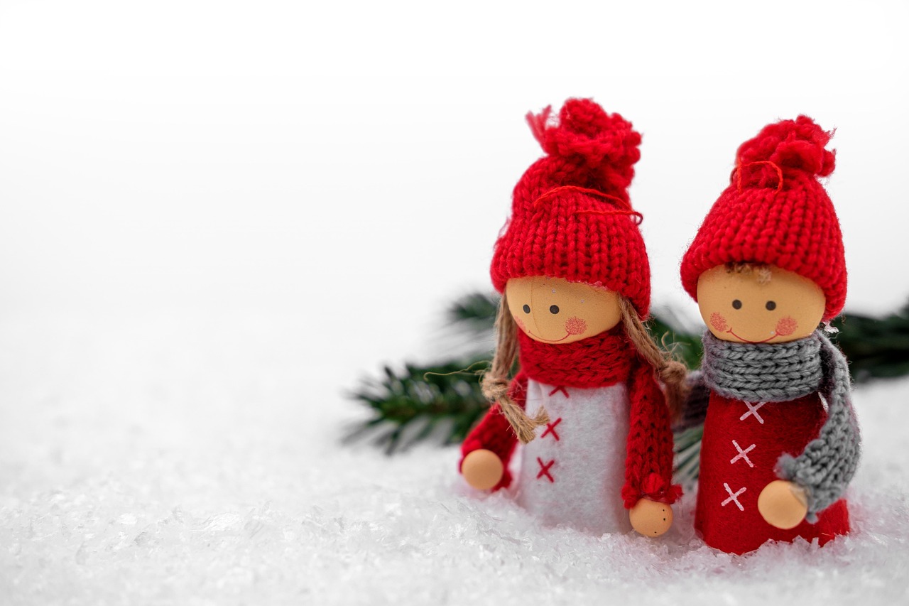 christmas, christmas time, imp, dolls, characters, nature, winter, snow, fir branch