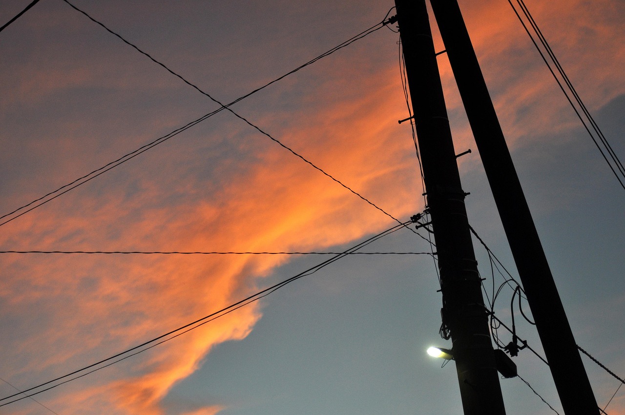 natural, landscape, morning glow, sunset, cloud, sky, before sunrise, the evening sky, nature, pole, electrical wire, outdoor lights, led, led lamp