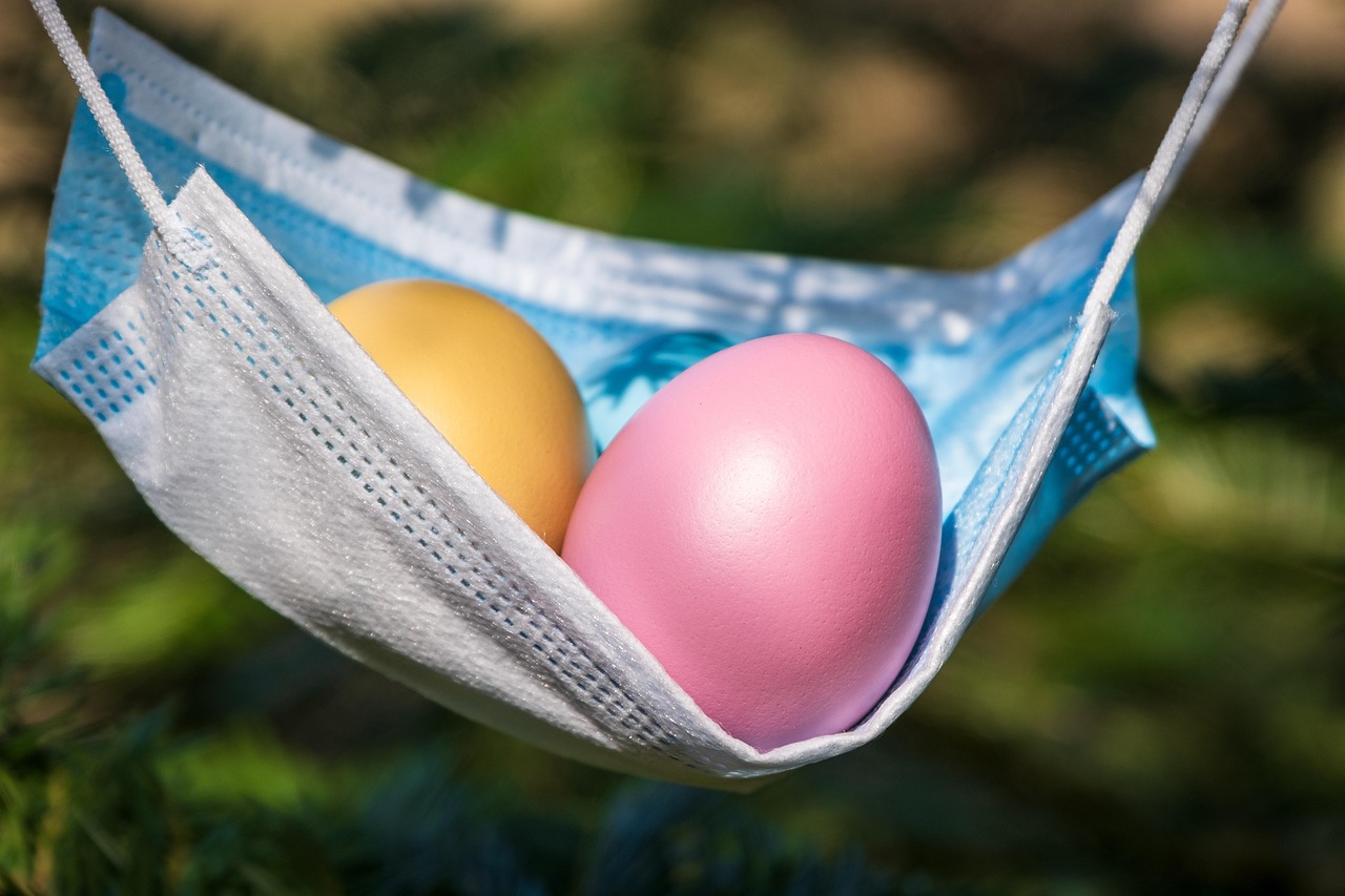 easter, easter eggs, corona, mask, covid-19, protective mask, eggs, meal, food, multicoloured, colored, nature, hammock, easter hammock, virus mask