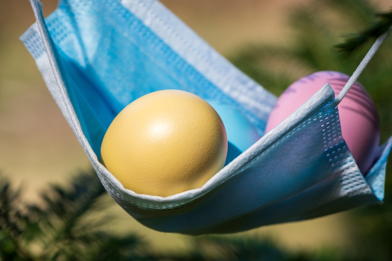 easter, easter eggs, corona, mask, covid-19, protective mask, eggs, meal, food, multicoloured, colored, nature, hammock, easter hammock, virus mask