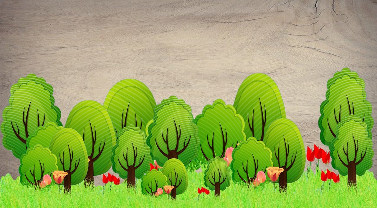 boom, bomen, woud, bossen, landschap, bloem, gras, natuur, groen gras