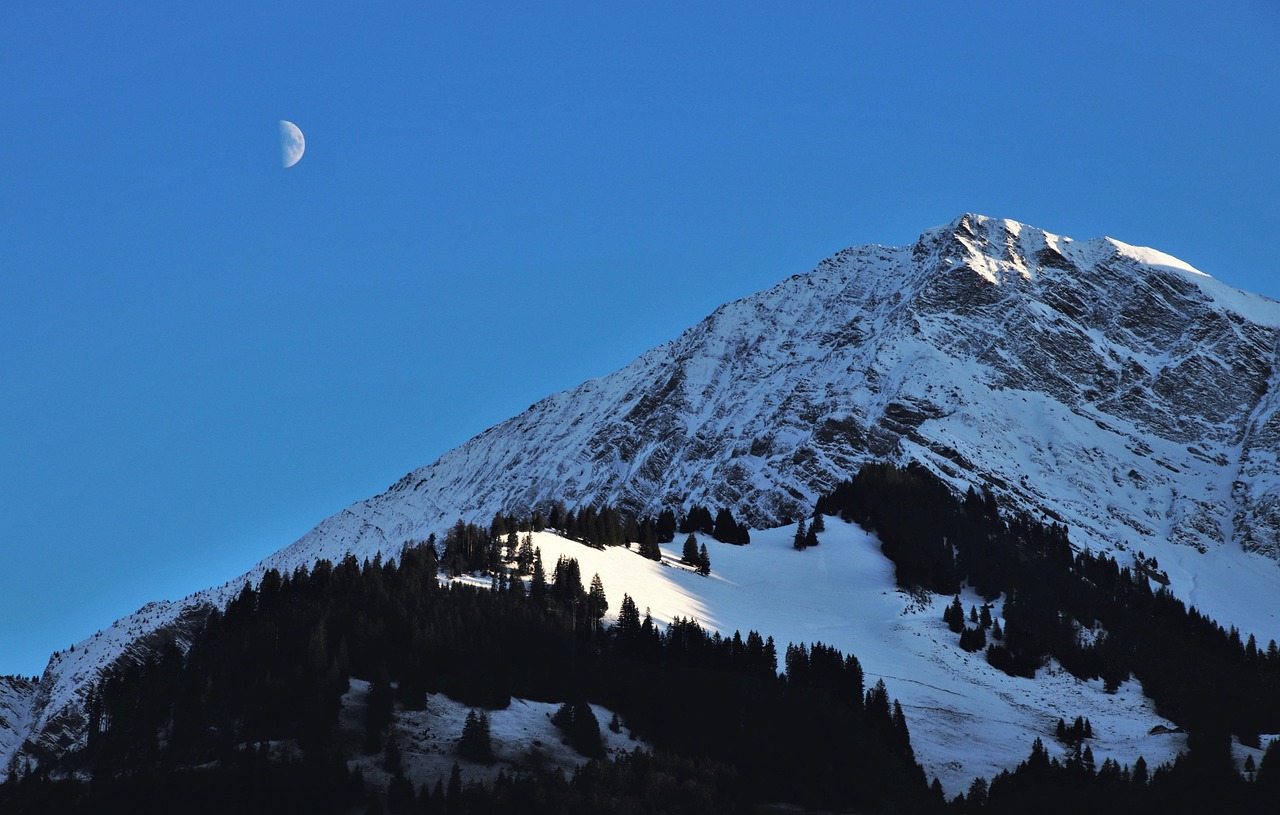 twilight, new moon, mountains, mood, black forest, peak, blue, dark, the alps, night landscape, in the evening, peace of mind, nature, the stage, rocks, look, panorama, mountain, in the night, switzerland, alpine, alp, snow, the slope of the mountain, tops, views