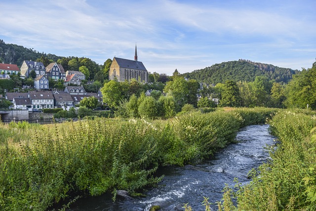 Stream mountain village houses buildings town river bach water peaceful trees scenic beyenburg