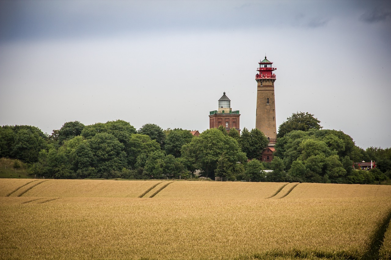 panorama, marco, faróis, torres, torre schinkel, campo, campo de trigo, fazenda, cabo arkona, rügen, alemanha