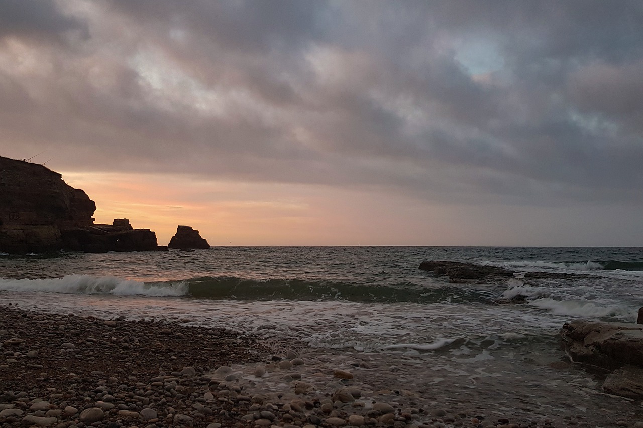 sunset, beach, sea, dusk, byer's hole, whitburn, uk