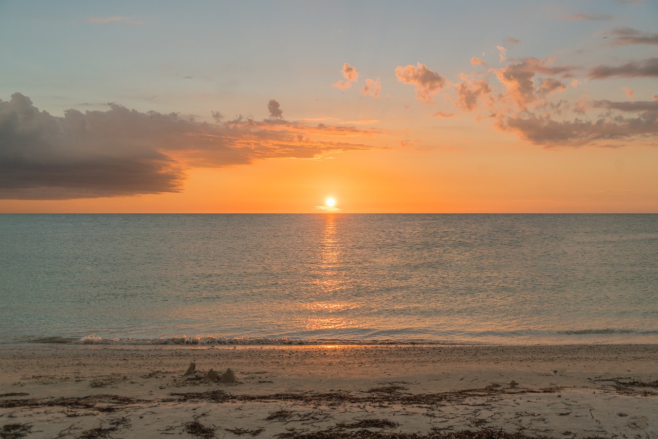 tramonto, spiaggia, oceano, nuvole, tropicale, viaggio, destinazione, natura, vacanza, sabbia, turismo, acqua, cielo, isola