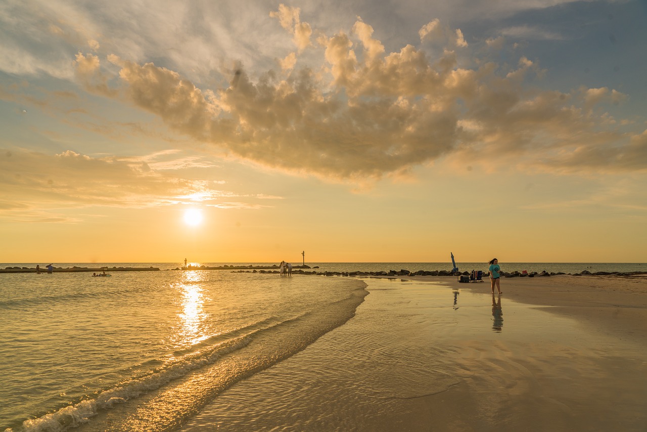 tramonto, cielo, oceano, spiaggia, sabbia, isola, nuvole, tropicale, viaggio, destinazione, natura, vacanza, turismo