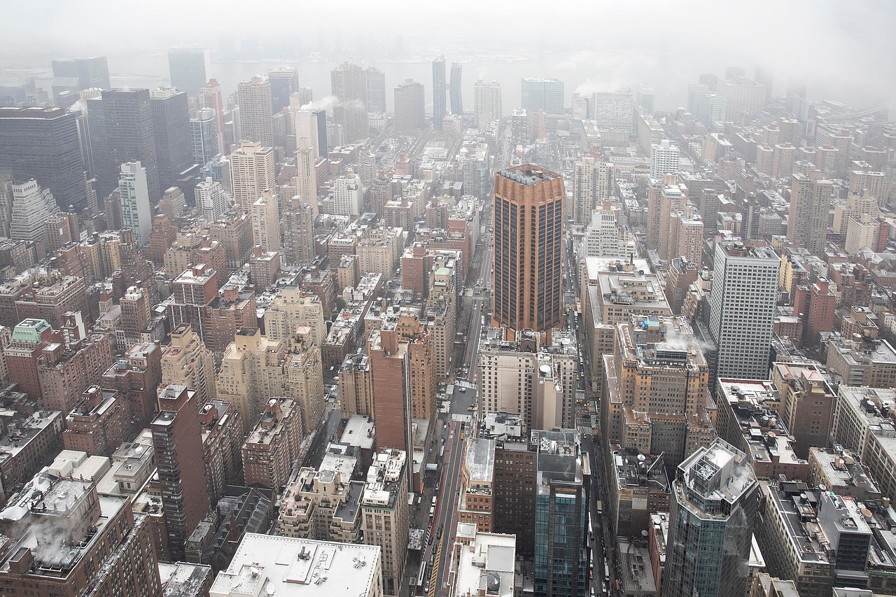 város, épületek, köd, tornyok, felhőkarcoló, irodaépületek, lakóépületek, lakás, városi, városkép, manhattan, new york, amerika, egyesült államok, usa