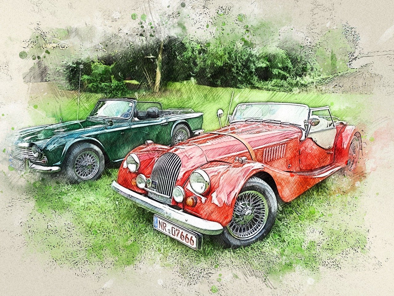 arabalar, araçlar, klasik, eskimiş, nostaljik, oto, otomotiv, otomobiller, austin arabası, zafer arabası, tablo