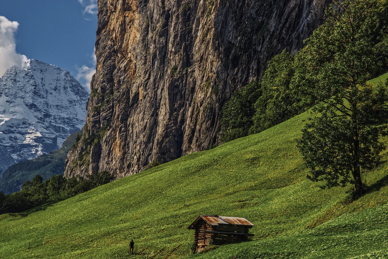 berghütte, felsen, berge, hütte, kabine, hügel, hochland, gras, felder, wiese, klippen, alpen, alpin, berglandschaft, landschaft, schweiz, gipfel, natur, ländlich