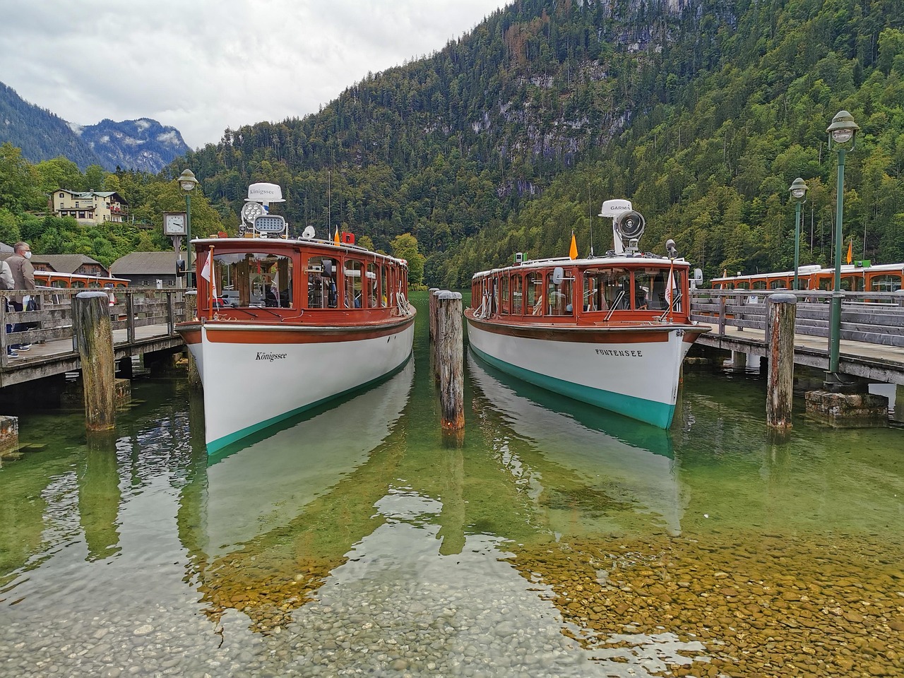 königssee, príroda, člny, prístav, dok, odraz, jazero, mólo, voda, turistické lode, doprava, bavorský, nemecko