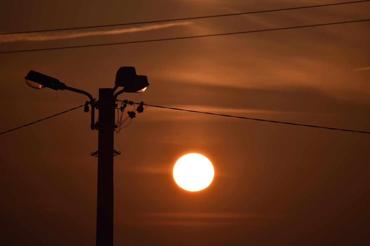 sunset, sun, clouds, sky, nature, lamppost, electrical wires