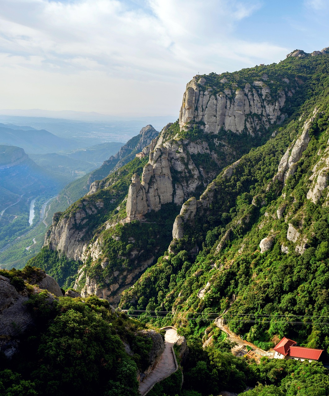 γκρεμός, βουνά, δρόμος, πανόραμα, κλίση, δέντρα, κορυφή, τοπίο, εξοχή, φύση, βουνό του μοντσερράτ, montserrat, καταλονία, ισπανία