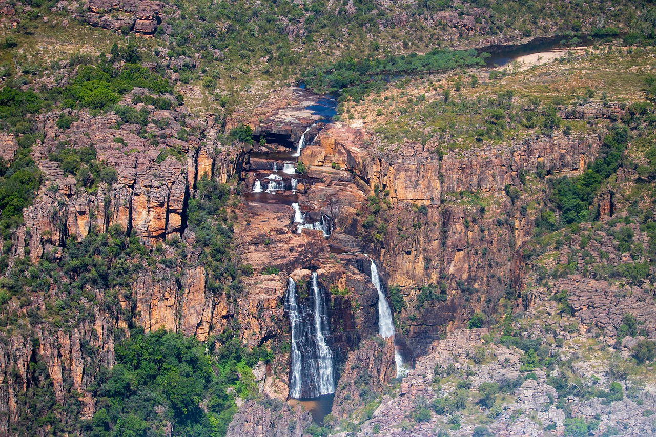 wodospady, góry, park narodowy kakadu, panorama, klif, spada, rzeka, woda, kakadu, las, krajobraz, natura, australia, sceneria, sceniczny