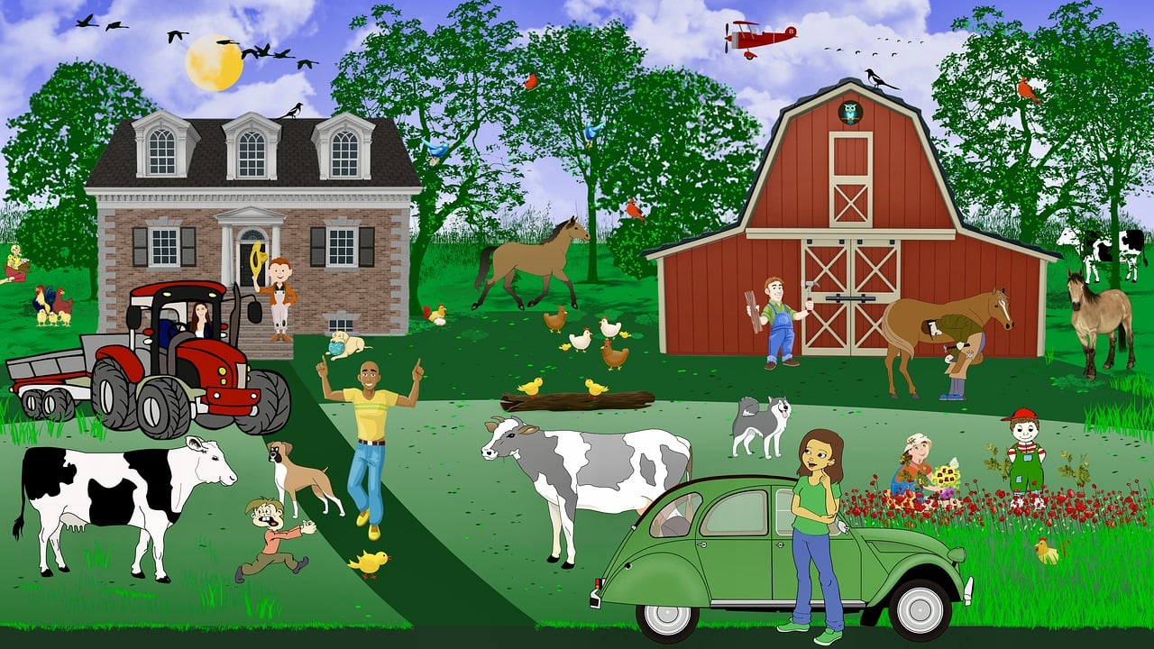 cortile della fattoria, le persone, animali, aguzza, agricoltura, paesaggio, contadino, donna, uomo, cane, cavallo, mucche, pollo, trattore, ragazza, ragazzo, figli, alberi, prato, pulcino, cercando, trova, foto puzzle, sciame
