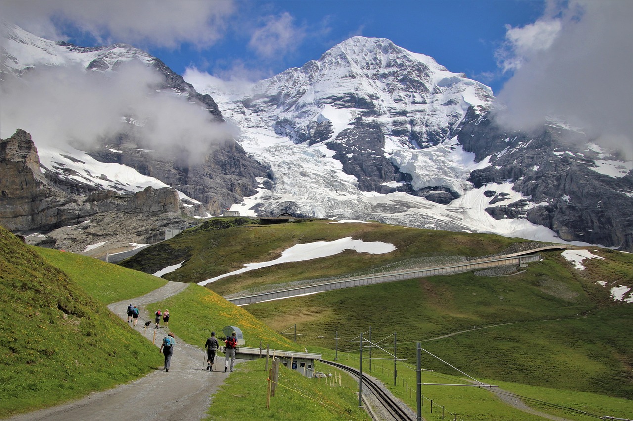 the glacier, trail, nature, mountains, tourism, up, snowy, the alps, trekking, walking, railway rails, landscape, jungfrau, alpine panorama, switzerland, hiking, distances, mountain trip, wander, backpacker, active lifestyle, adventure, above, mountain view, overlap, silence