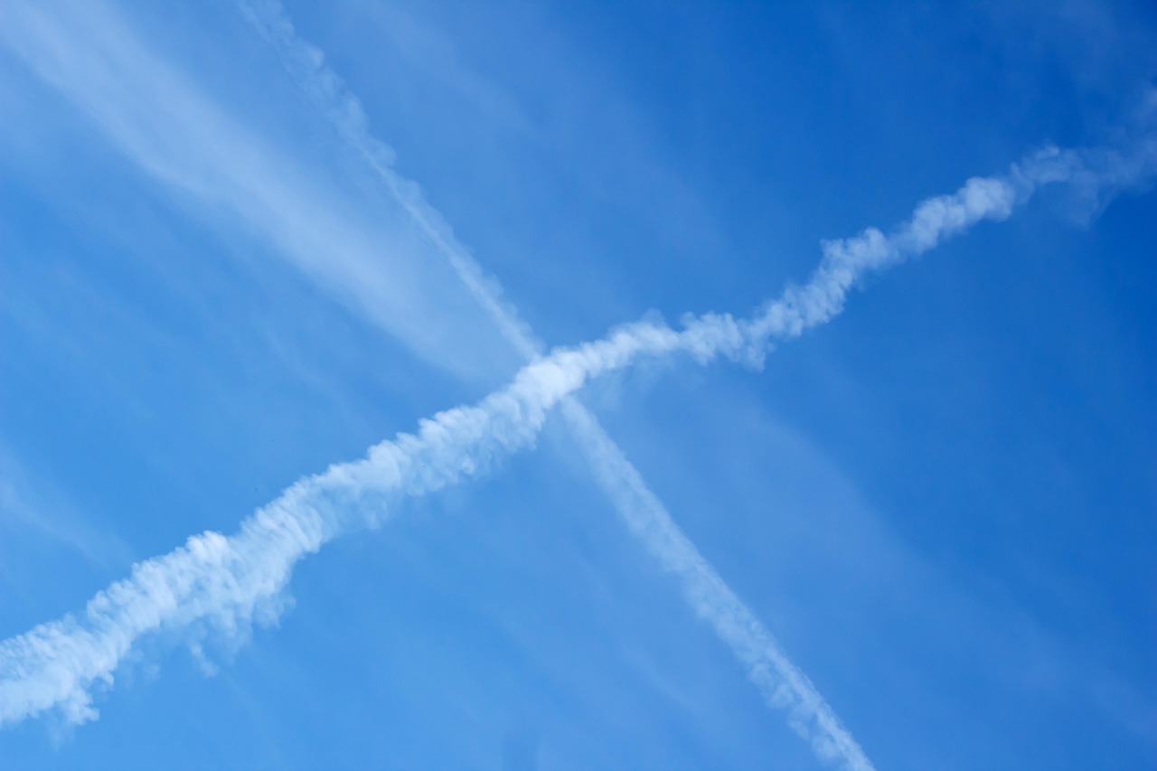 sky, clouds, contrail, vapor trail, blue sky, atmosphere, nature