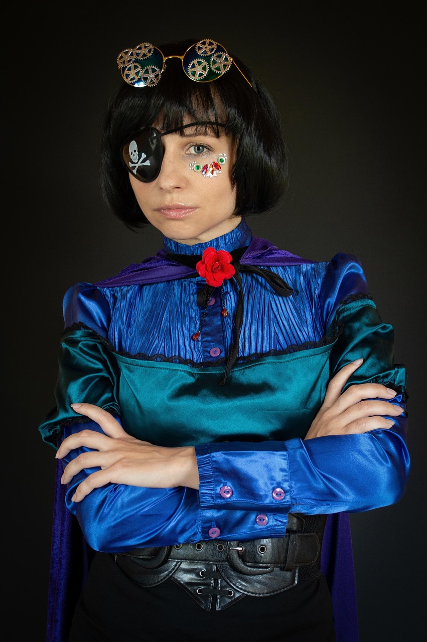 steampunk, frau, porträt, mode, modell, mädchen, mysteriös, gotisch, brille, augenklappe, getriebe, antiquität, fantasie, mantel, retro-technologie, steampunk-kleidung, pose