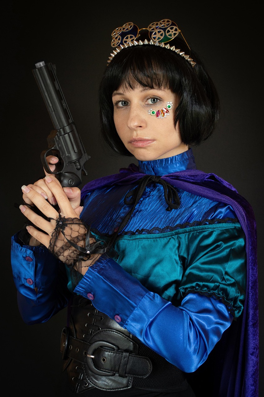 frau, steampunk, porträt, mode, modell, mädchen, mysteriös, gotisch, brille, pistole, waffe, getriebe, antiquität, fantasie, mantel, retro-technologie, steampunk-kleidung, pose