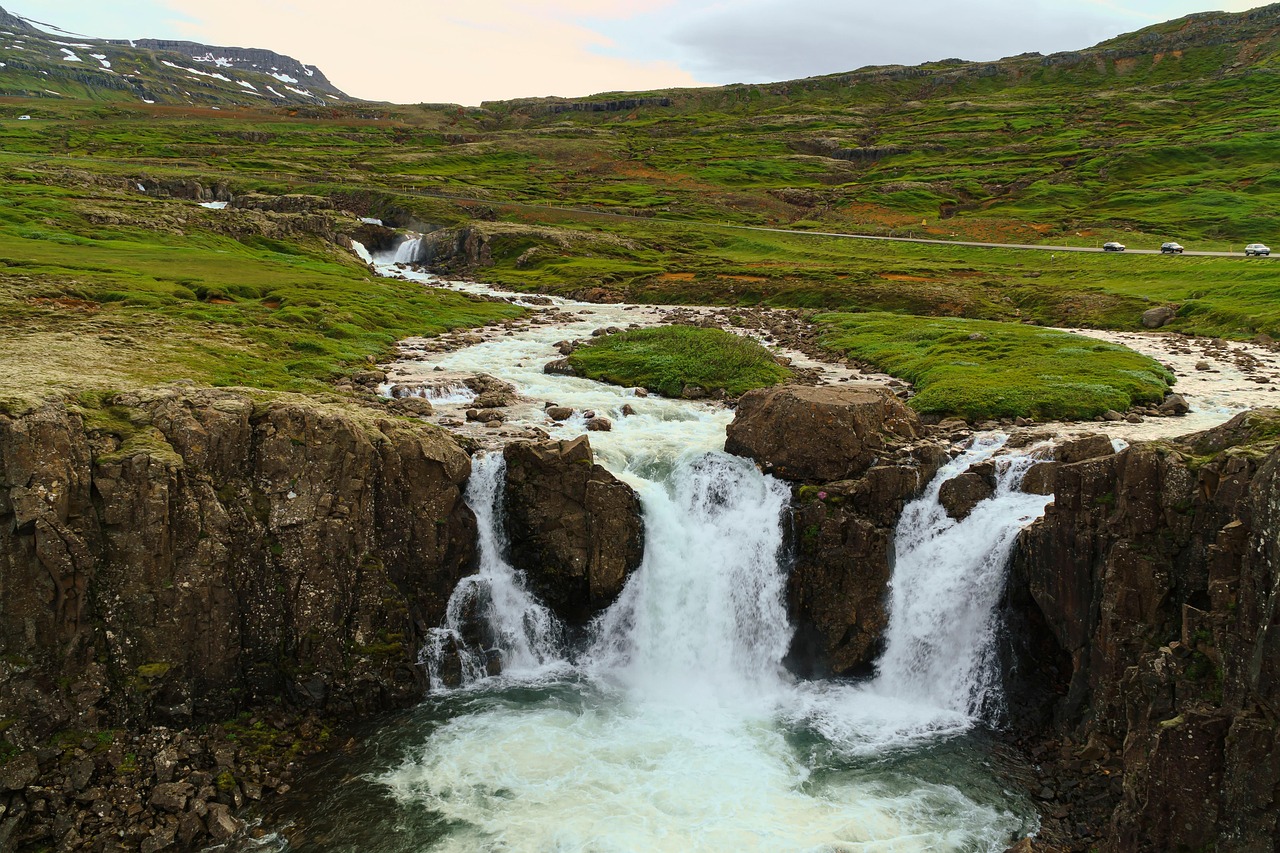 wodospady, rzeka, natura, islandia, spada, zatoczka, woda, pływ, góra, na dworze, sceniczny, atrakcja turystyczna