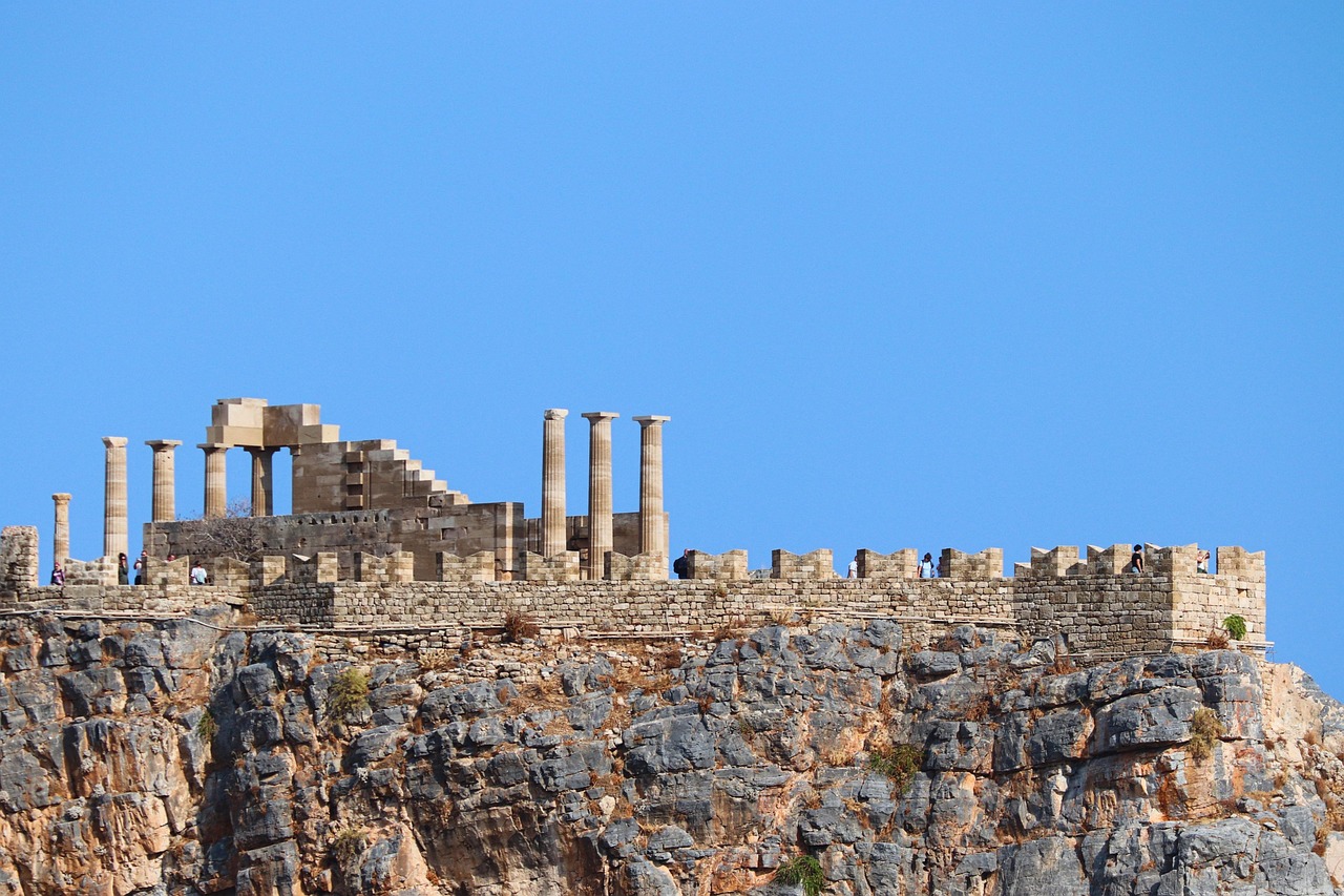 acropolis, lindos, greece, nature, ruins, citadel, ancient, landmark, architecture, historical, stone walls, lindos acropolis, rhodes, cliff, sky